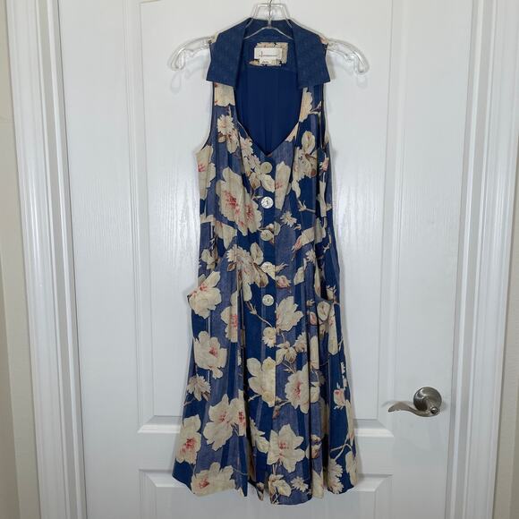 Anthropologie Camellia Collared Dress Blue Floral Button Front Pockets Retro 8 - Picture 3 of 7